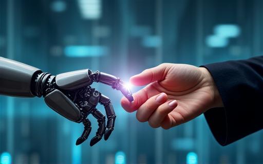 A robot hand and a human hand about to touch.