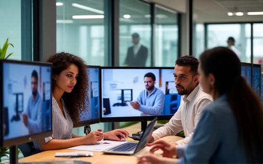 A diverse team collaborating in a hybrid office environment.