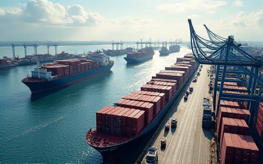 Cargo ships and containers at a busy port.